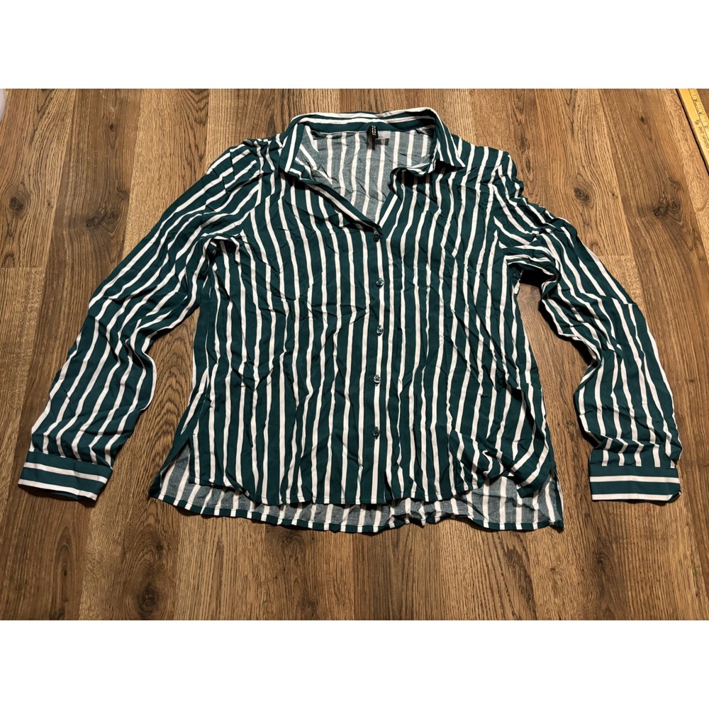 H&M Divided Shirt Womens Size S Green Striped Button Up Long Sleeve Blouse